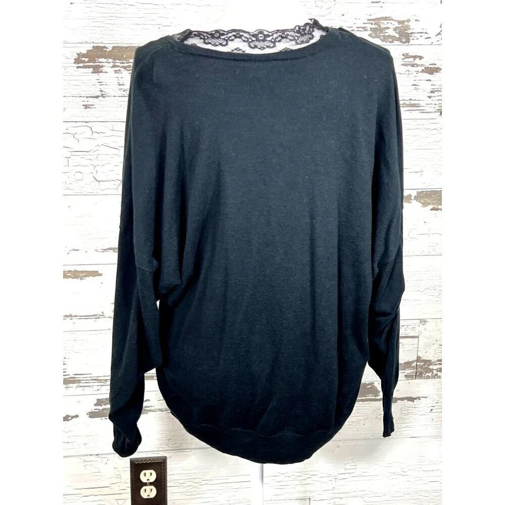 CABI Union Lace Trimmed Sweater 3/4 Sleeves Black Sz M #5632 EUC